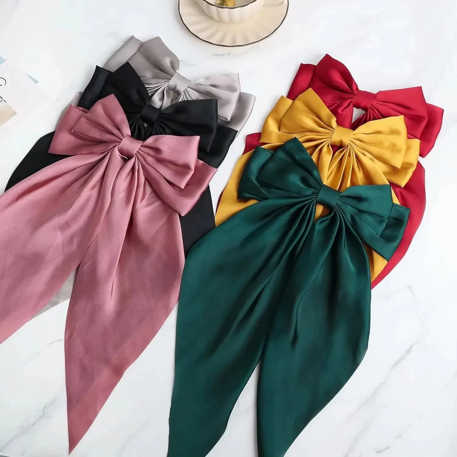 

6 elegant ribbon bow hair clips, simple solid color satin ponytail hair clips, bow hair clips and hair accessories