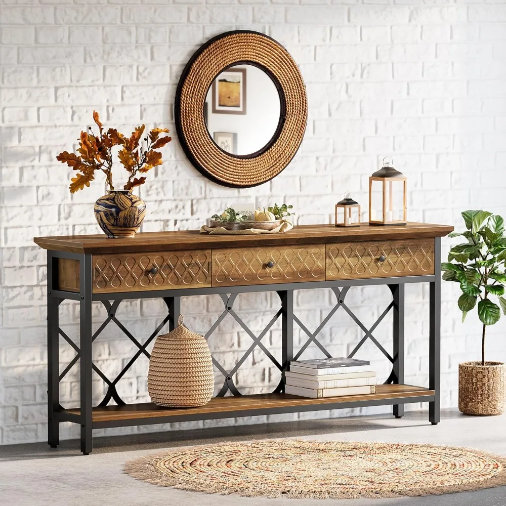 70.86 طاولة أريكة طويلة جدًا مع 3 أدراج، طاولة مدخل ضيقة صناعية من طبقتين خلف الأريكة