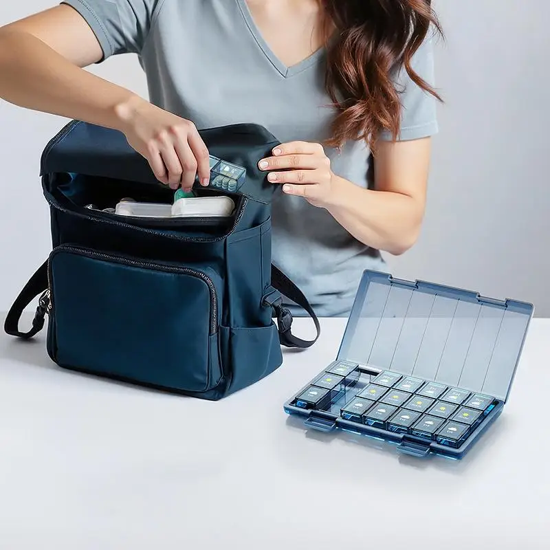 Wöchentlicher Pillenorganizer, 7-Tage-Pillenbox, 3/4-mal täglich, Pillenbox mit 21/28 Fächern, großes Fassungsvermögen, feuchtigkeitsbeständig, wasserdicht, versiegelbar – Detail 4