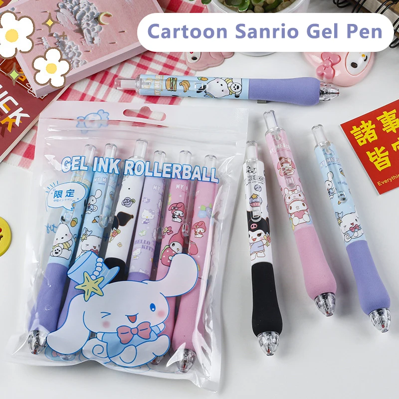 6Pcs Sanrio Hello Kitty Kuromi Melody Decompression Gel Pen Cartoon Anime Quick-drying Neutral Pens Student Stationery Gifts