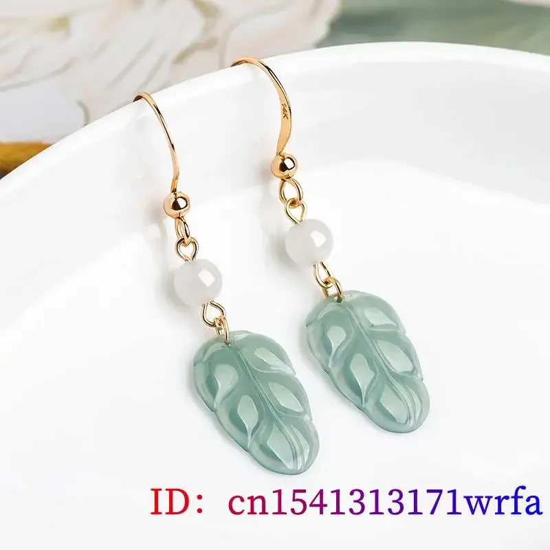 Burmese Jade Leaf Earrings Accessories Natural Gemstones Stone 925 Silver Jewelry Blue Gifts Carved Women Amulets Charm Jadeite