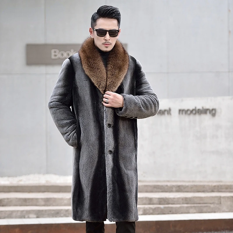 

2022 Luxury Elegant Men's Fur Long Coat Trendy Winter Mink Collar Jackets Trench Casual Knee-length High Quality Clothes