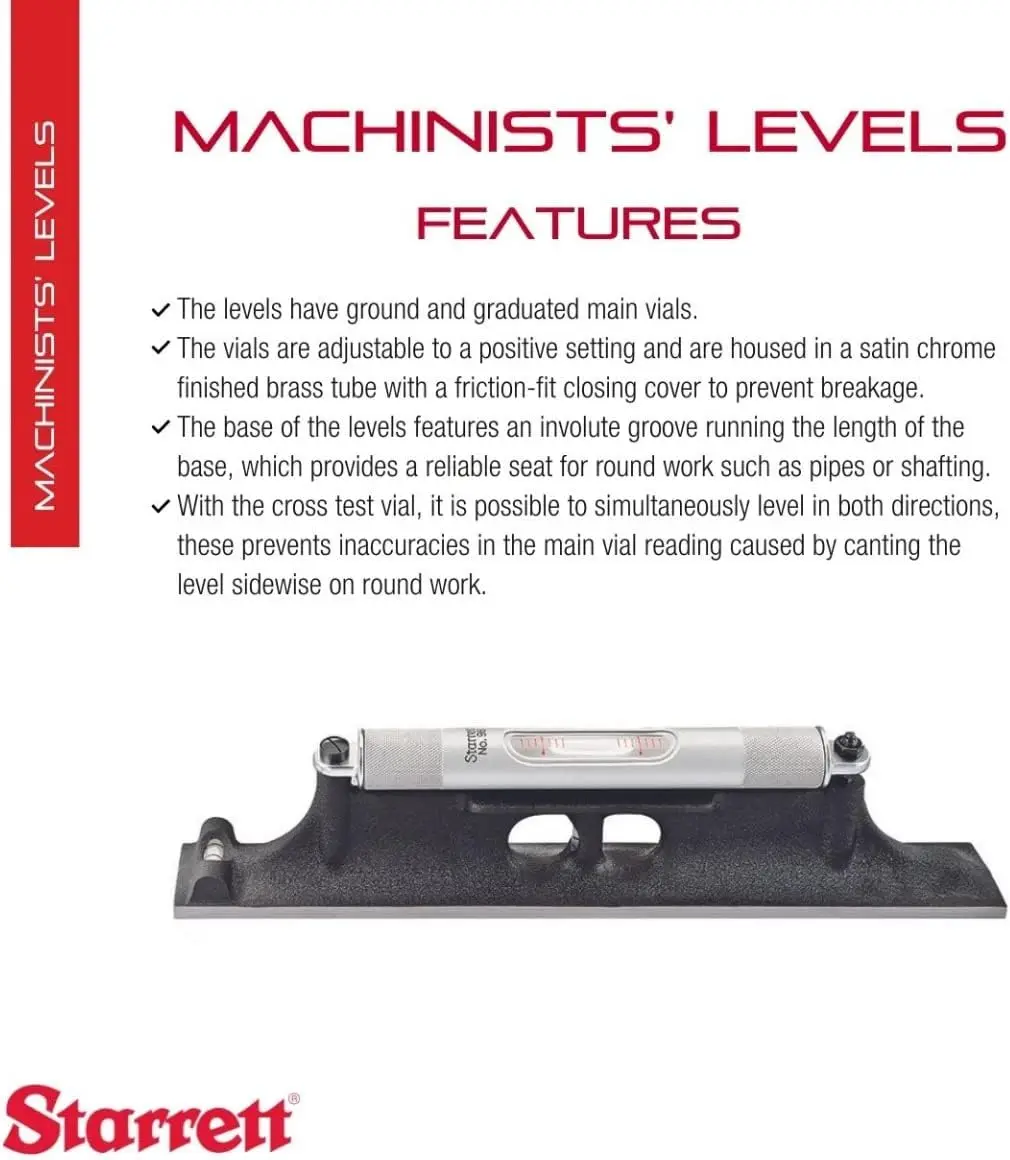 Starrett Machinists' Level with Ground and Graduated Main Vial - Ideal for Machine Shop and Tool Room Use - 12