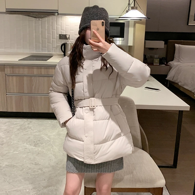 

2025 Winter New Belt Hooded Casual Slim Cotton Padded Jacket Thick Joker Women's Parka Stand Collar Long Sleeve Mid-Long Coats