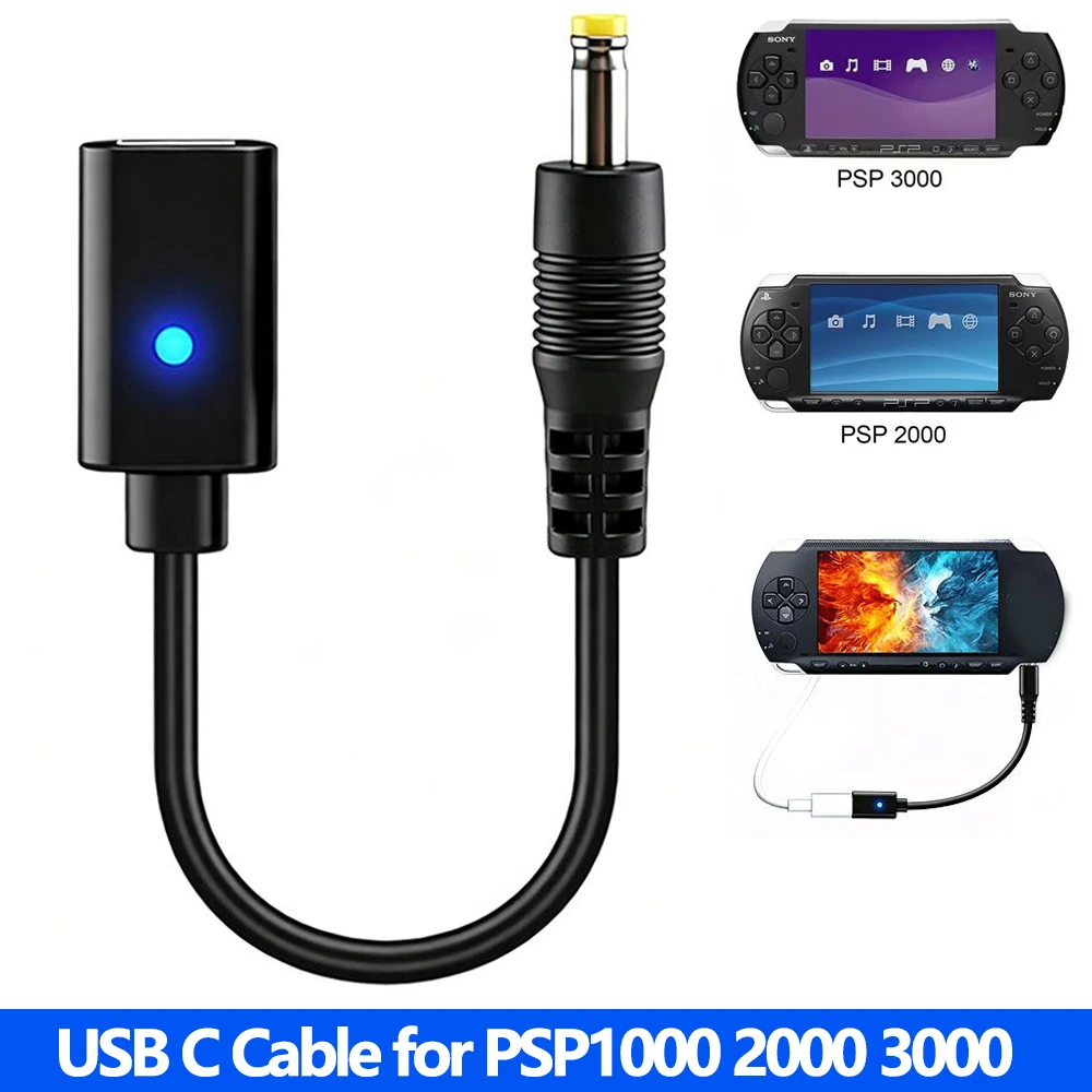 USB C Charging Cable for PSP1000 2000 3000 Controller Type C Female to PSP Charging Adapter Power Wire with LED Convert Cord