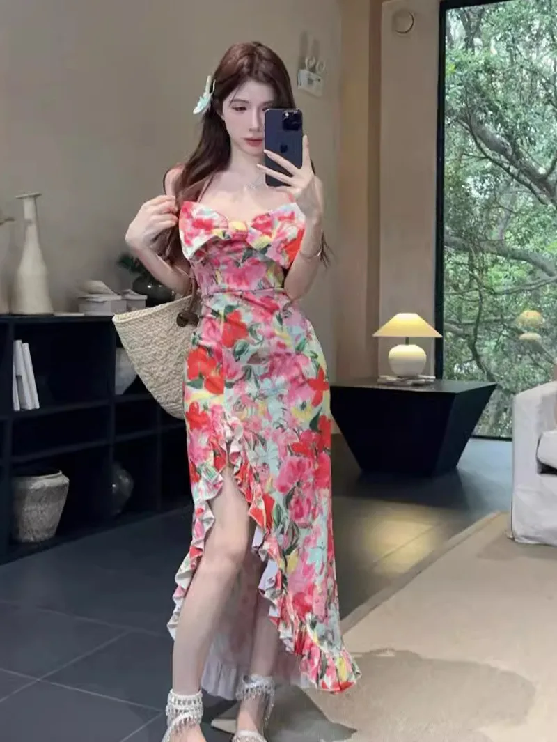 Summer Robe Sweet Long Dress Halter Neck Pure Desire Floral Slim Ruffle Large Bow Dress Elegant 2024 New Fashion Women Tops X0C3