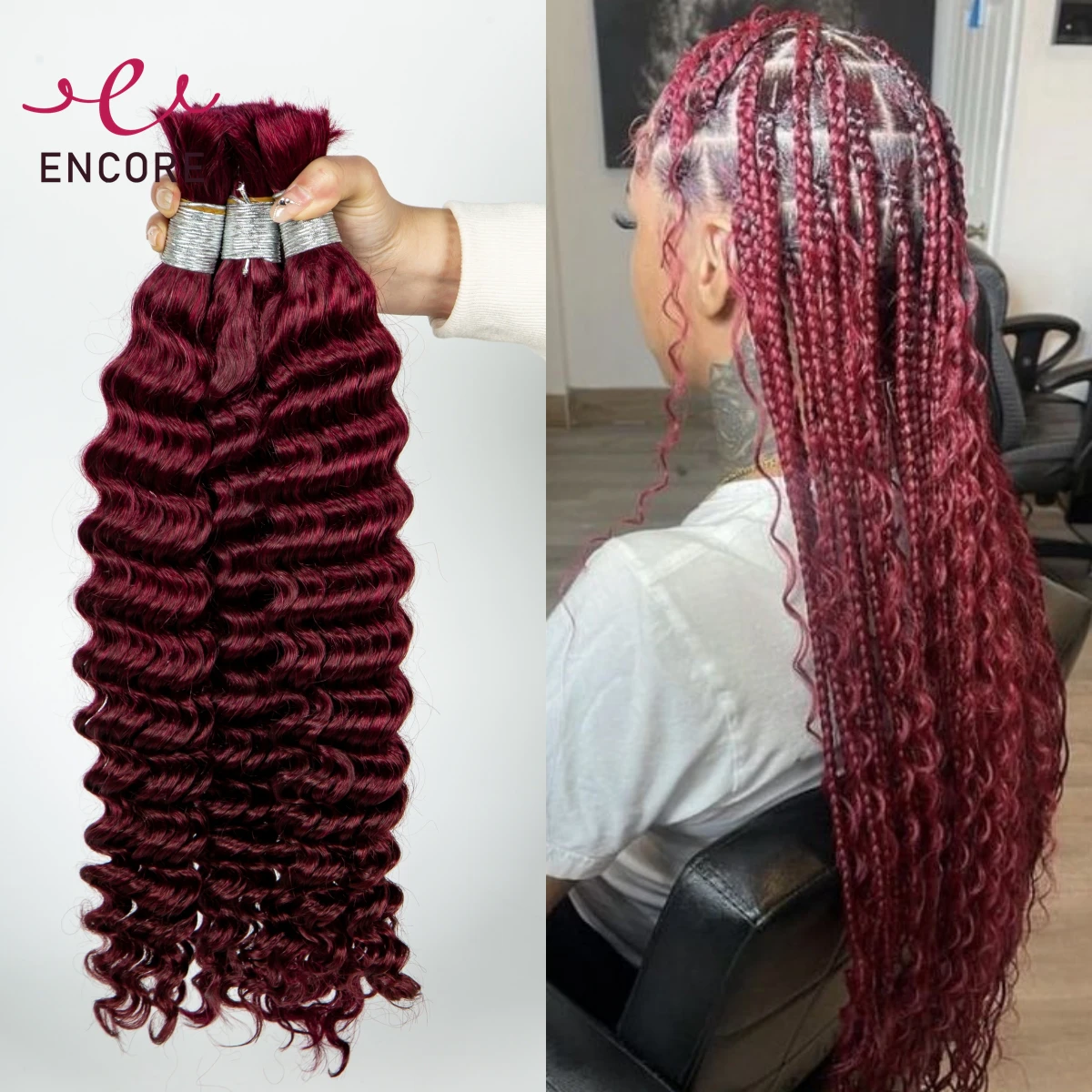 

Burgundy 26 28 Inch Human Hair Bulk Deep Wave Hair Bundles No Weft 100% Virgin Curly Hair Bulk for Boho Braided Hair Extensions