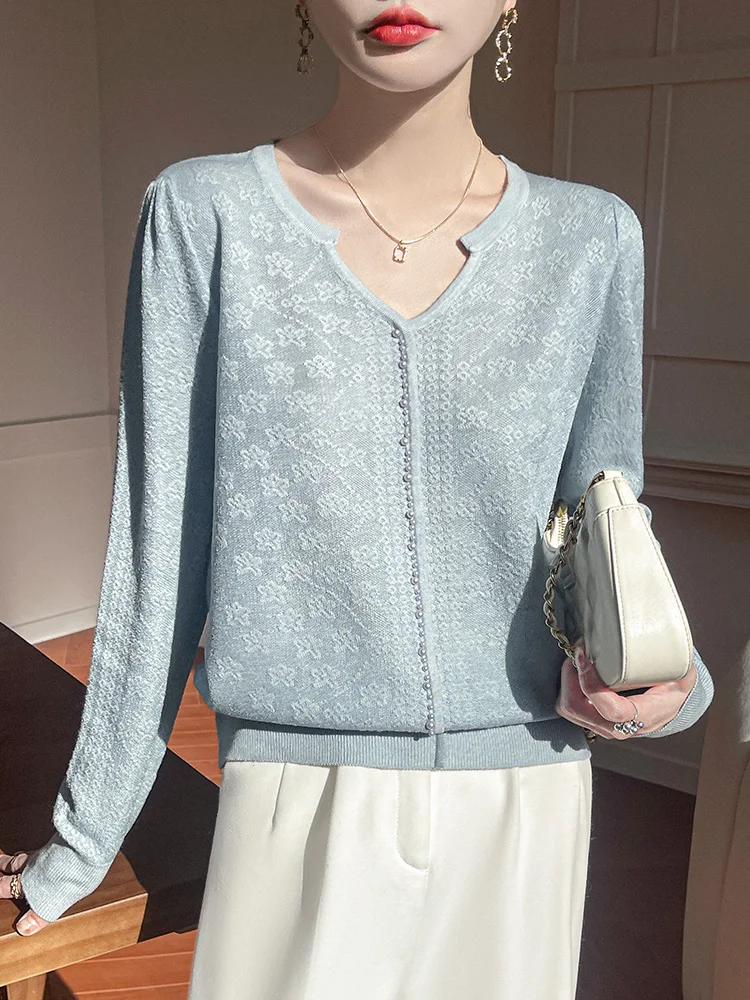 

Faionable Lace Long Sve V-Ne, тонкая трикотажная основа irt, весна-осень, новый женский простой удобный топ свободного покроя