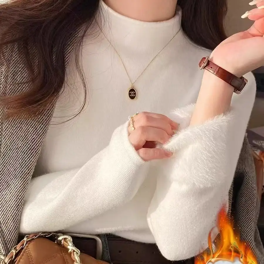 Women's Winter Thickened High Collar Sweater Retro Velvet Lined Thermal Knitting Pullover Inner Wear Bottoming Shirt