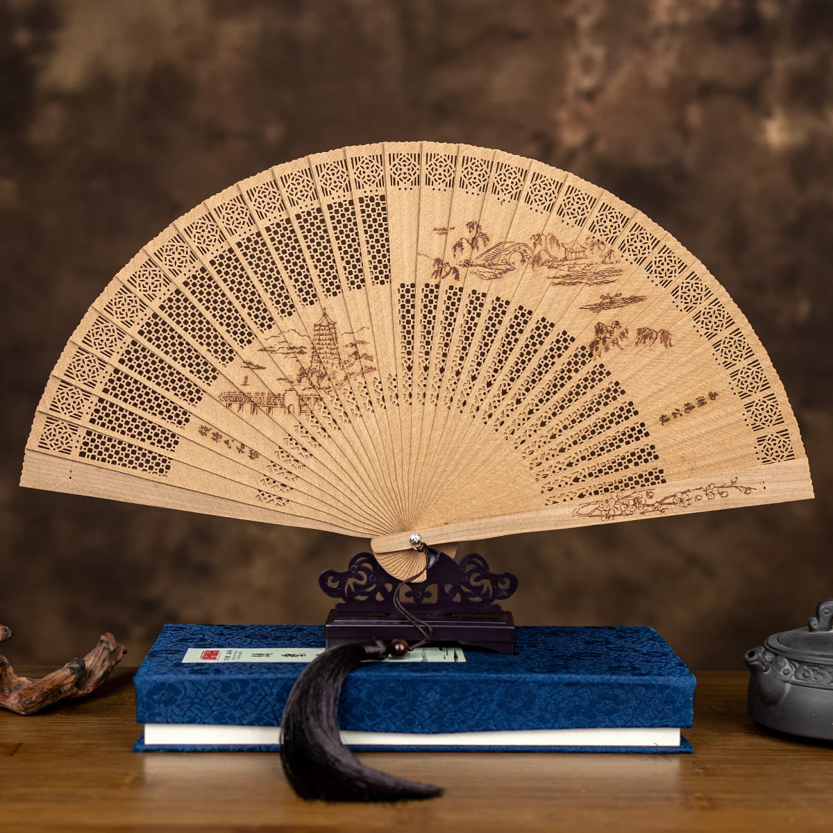 Burmese fragrant wood fan with ancient style hollow out craftsmanship, all wood fan, folding fan, women's Chinese style gift