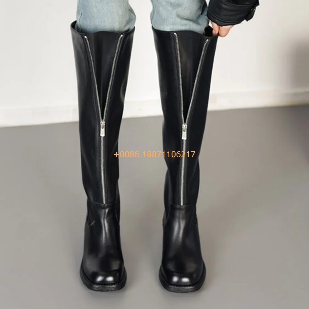 

Black Genuine Leather Zipper Women's Knight Boots 2025 New Square Knee-High Model Sexy Catwalk Boots Fashion Party Casual Boots