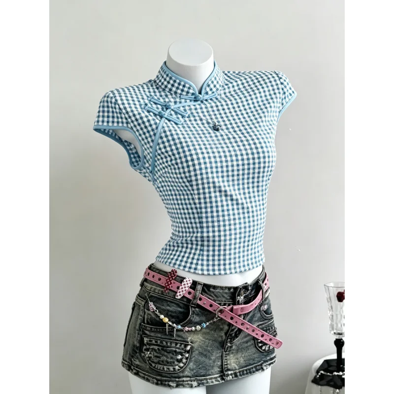 Gingham Check Frog Button Stand Collar Sleeveless Crop Top Chinese Style Slim Retro Blouse