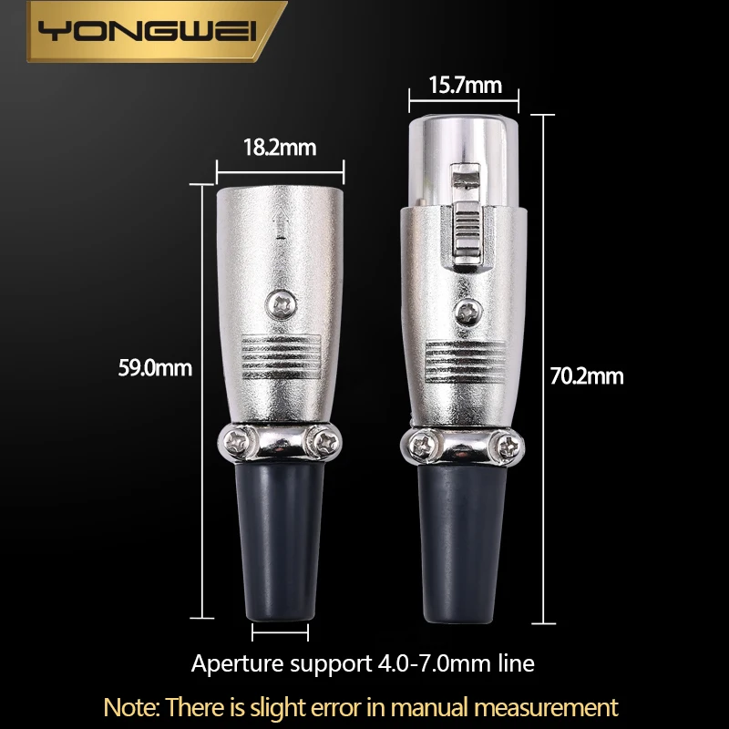 YONGWEI 3Pin Gold-plated XLR Male/Female Plug Microphone Connector Zinc alloy Housing Balanced Speaker, power amplifier, mixer