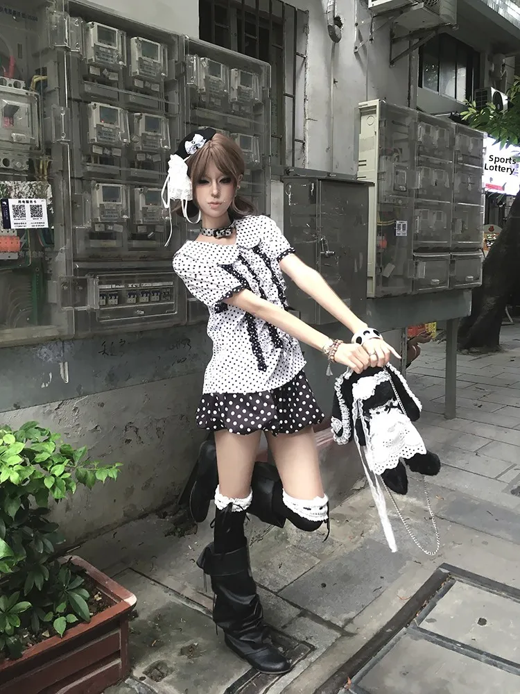 Unique Design Bubble Pineapple Oil Women's Shirt Cultural Sub-Street Style Doll Collar Checkered Pattern Short Sleeve Top