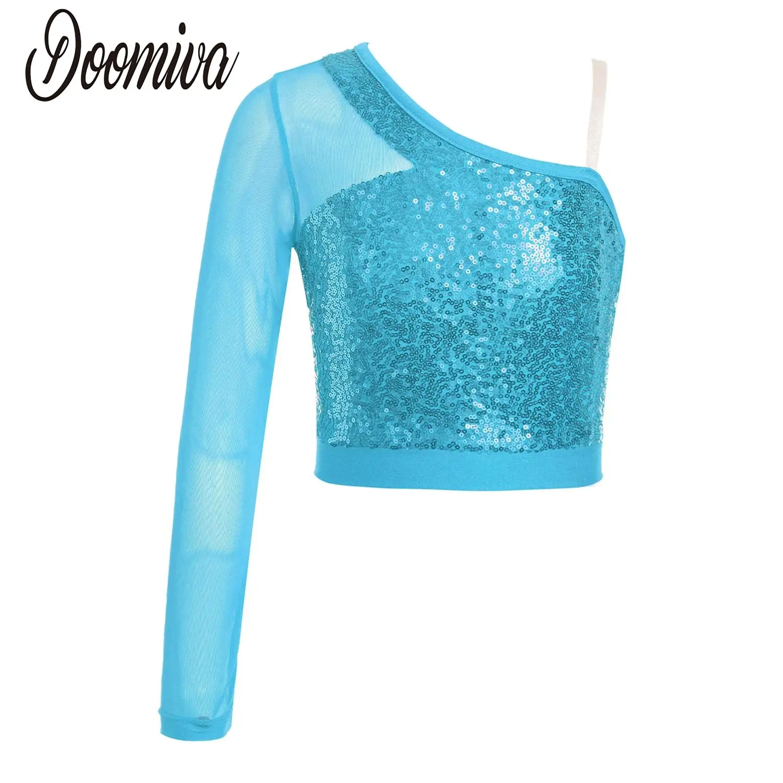 

Kids Girls Shiny Sequins Cropped Top Modern Cheer Dance Performance Costumes Sheer Mesh Long Sleeve One Shoulder Shirt Top