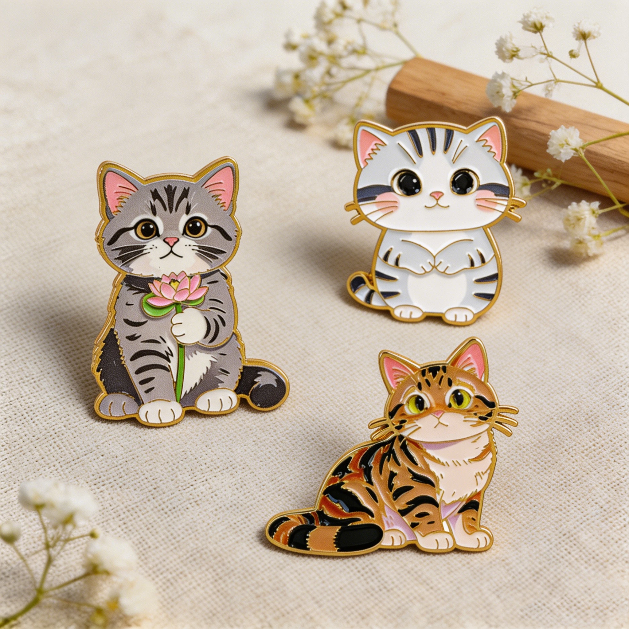 Lot de 3 épingles en émail motif chats mignons, broche lotus de dessin animé, badge de revers pour sac à dos, accessoires vestimentaires, bijoux de mode, cadeau pour amis