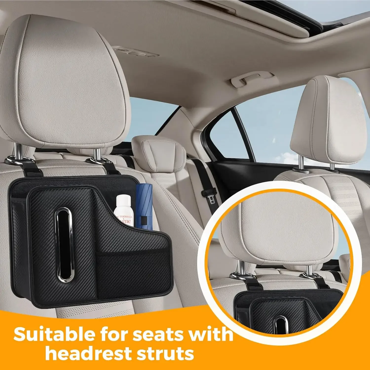 Car Tissue Holder,Back Seat Organizer with Cup Holder,Multifunctional Car Headrest Seat Back Storage,Snack Organizers for Kids,Large Tissue Box Cover Fit for 100-130 Regular Size Tissues view 3