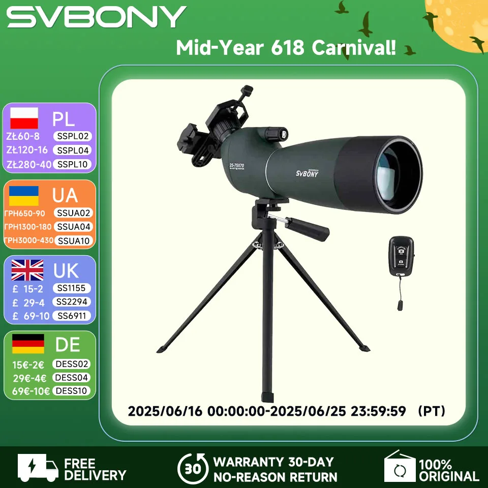 

SVBONY SV28 50/60/70 Зрительная труба с зумом, телескоп, мощная водонепроницаемая призма PORRO дальнего действия для стрельбы, кемпингового снаряжения