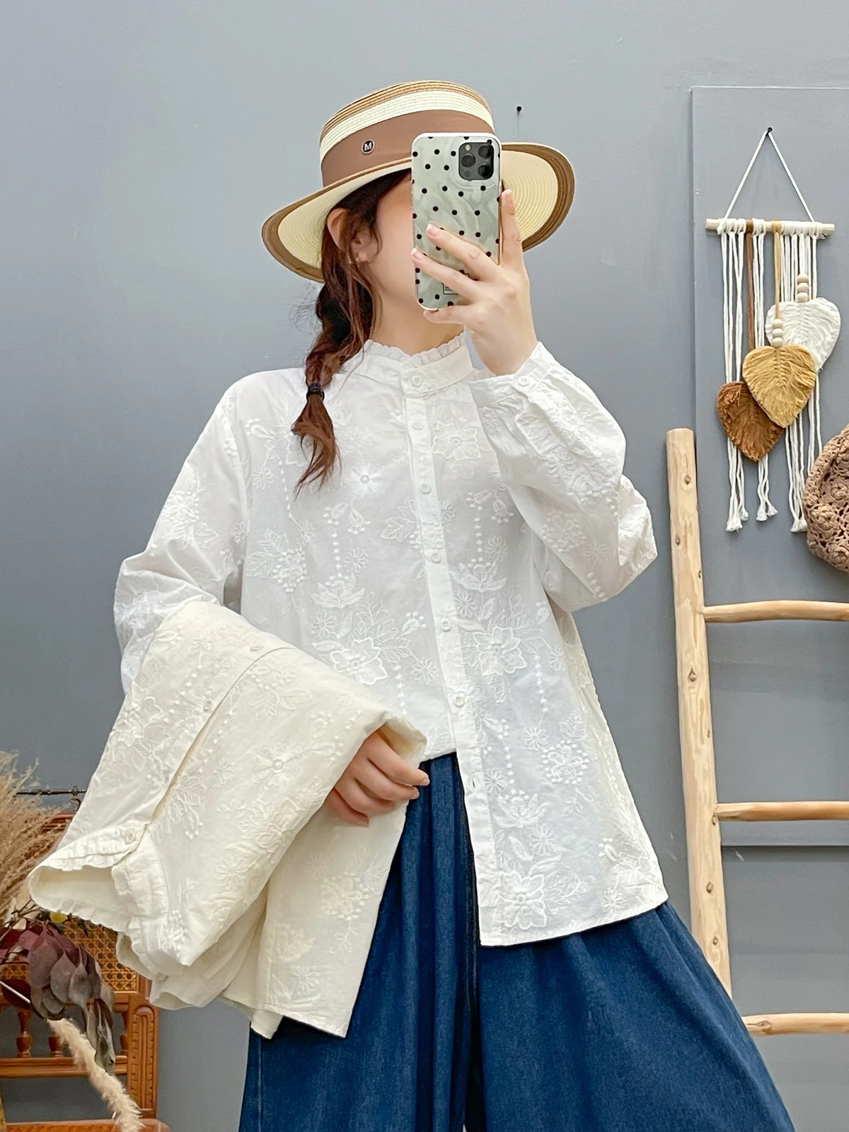 

Winter Autumn Clothing Woman Japan Fashion Pure Cotton Stand Collar Embroidered Shirts Blouses Women Elegant Shirts