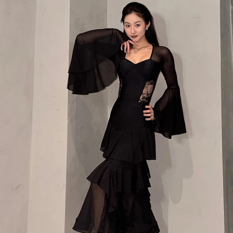 Robe de salon noire pour femmes, vêtements de danse modernes Standard, manches évasées, jupe d'entraînement, vêtements de danse pour salle de bal pour adultes, VDL4935