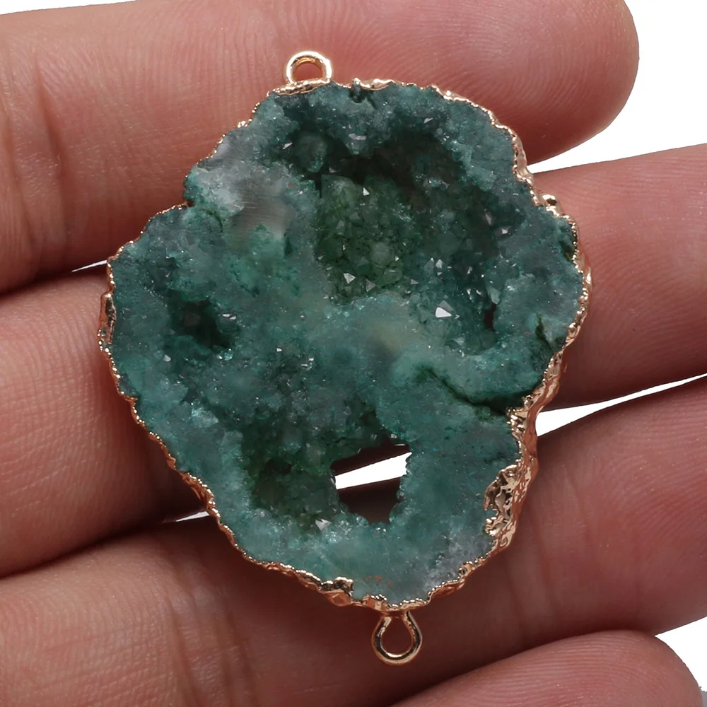 Natural Druzy Agates Pendant Connectors Irregular Gold Plated Double Hole Connectors for DIY Jewelry Making