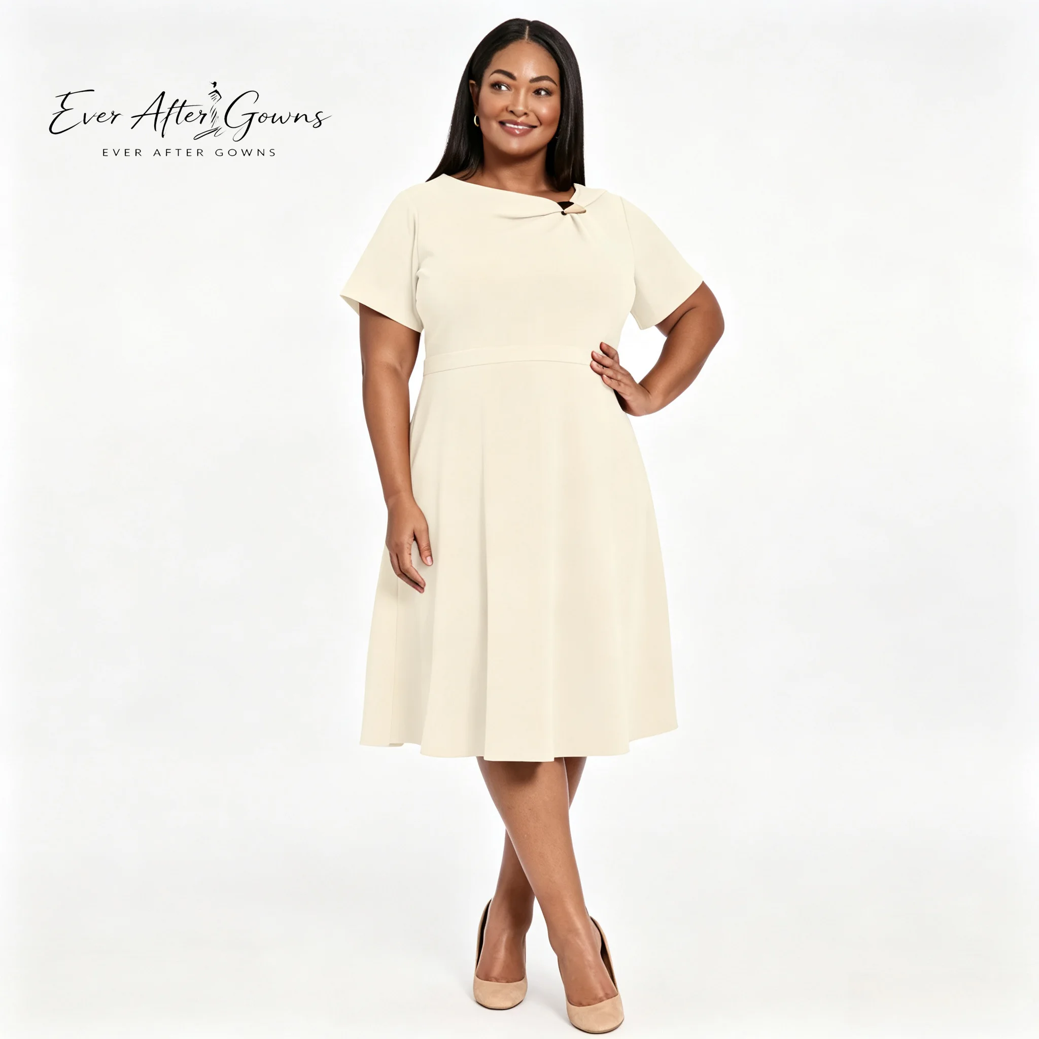 Ever After Gowns Custom Cream Plus Size Twist Neck Short Sleeve A Line Midi Dress Formal Mother of Bride Party Dress