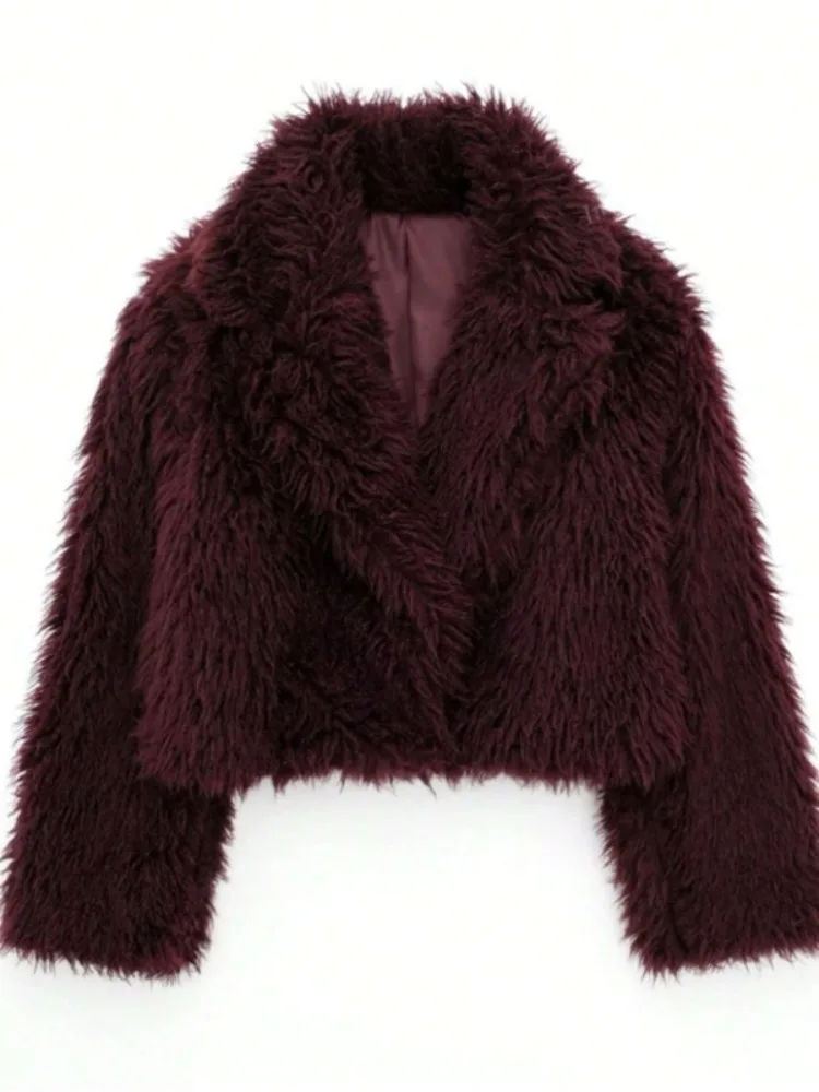 Missuoo Giacca da Teddy corta bordeaux da donna con scollo a V maniche lunghe Cappotto in pile di peluche 2025 Capispalla alla moda autunno inverno
