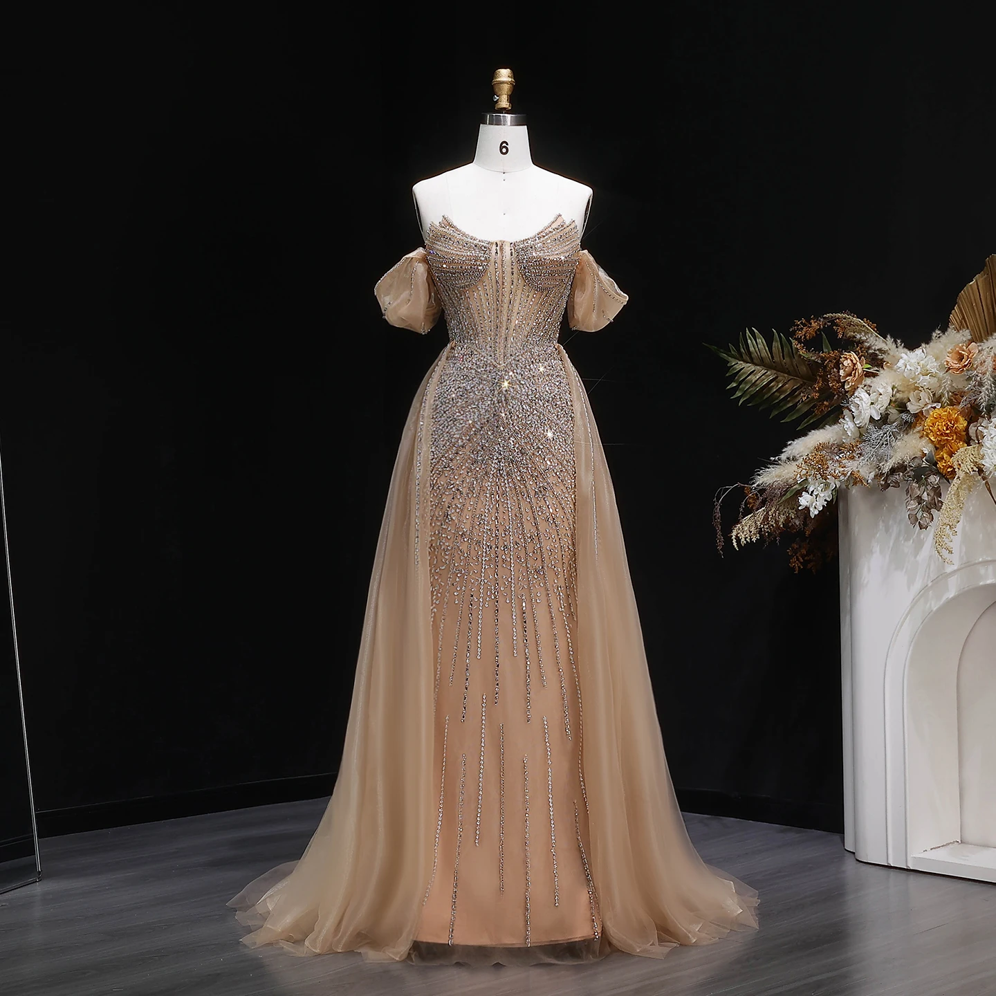 Sharon Said Elegantes Schulterfreies Abendkleid mit Überrock, Luxuriöses Perlenbesetztes Meerjungfrauenkleid für Arabische Damen, Formelle Partykleider SS120 Maßanfertigung – Detail 12