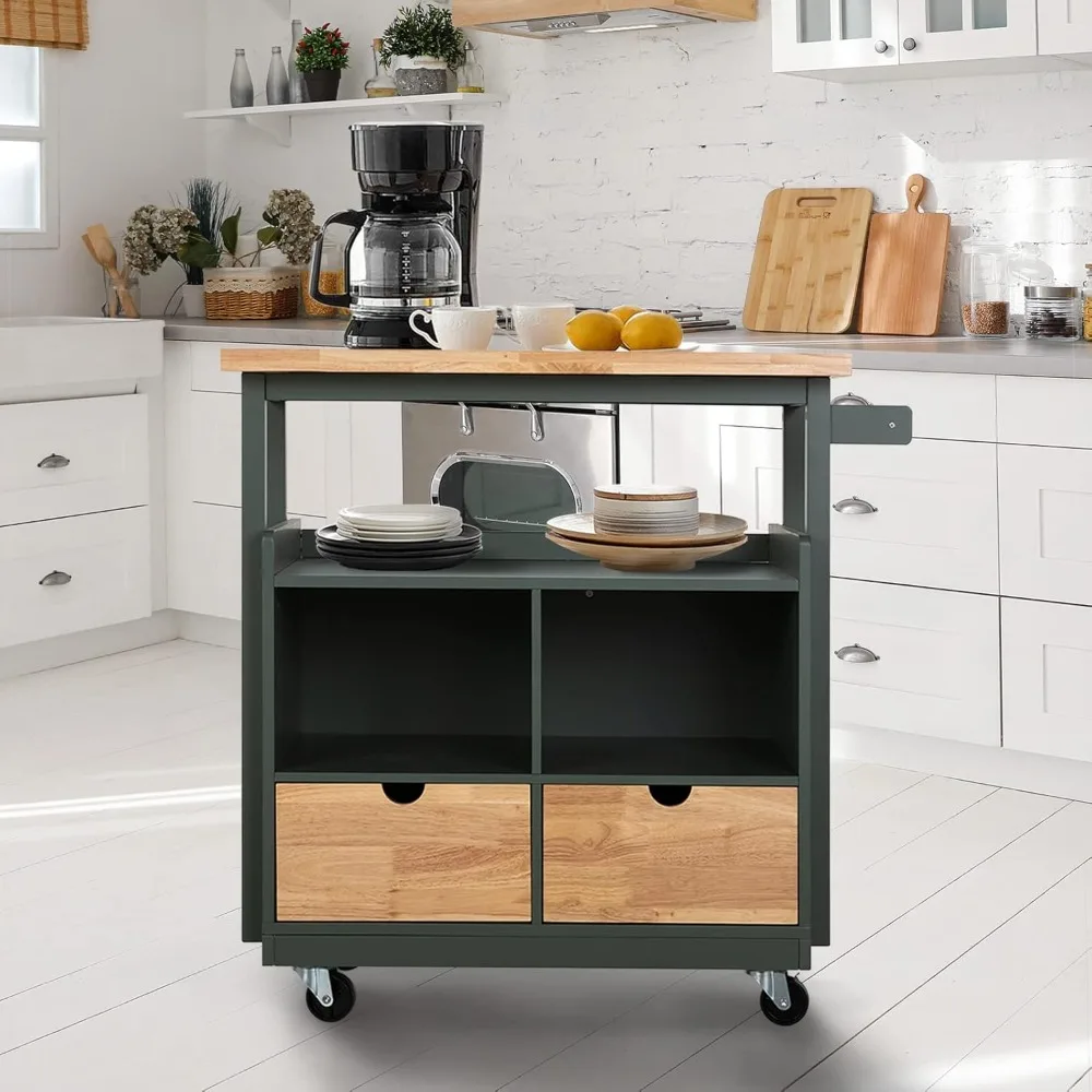 Rolling Kitchen Island with Rubberwood Top and Open Shelves - Mobile Cart Trolley for Butcher Block Style