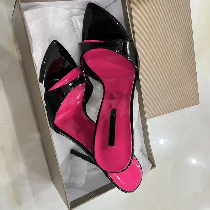 

Sexy Big Size33-46 Dress Heels 12cm Patchwork Stiletto Heel Slippers Newest Pointed Open Toe One Strap Thin Heel Slip on Sandals
