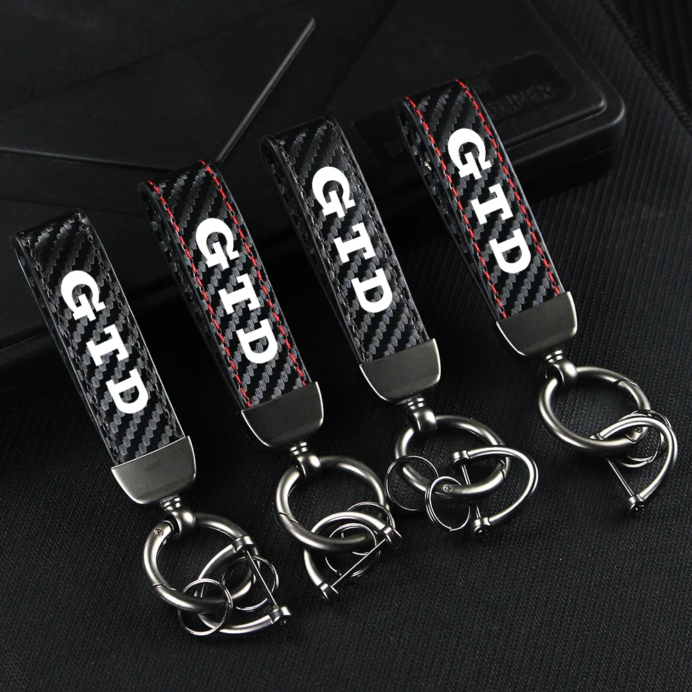 Car Key Carbon Fiber Leather Rope Car Keychain Alloy Key Chain Pendant Keyring Horseshoe Buckle for GTD GTE GTI Auto Accessories