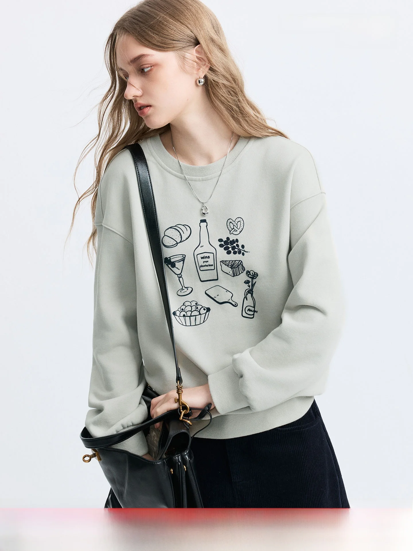 Cotton Fleece Printed Long Sleeve round Neck Commute Sweatshirt Women's Casual Comfortable Breathable Korean Style Top