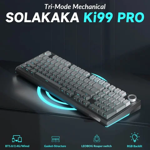 SOLAKAKA Ki99 Pro Teclado sem fio Bluetooth 99 teclas Tri-mode Junta Hot Swap RGB Teclado para jogos cremoso personalizado 10000mAh