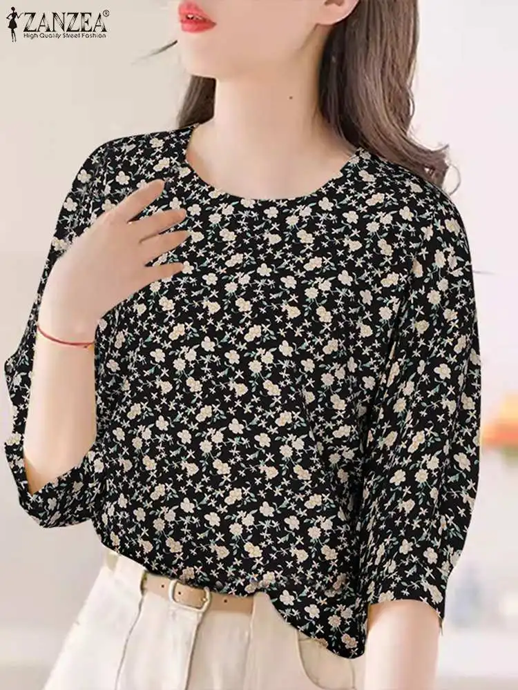 ZANZEA Casual Women Floral Print Blouse Korean Fashion Loose Tops 2024 Summer Round Neck Tunic Blusas Holiday Shirts Oversized