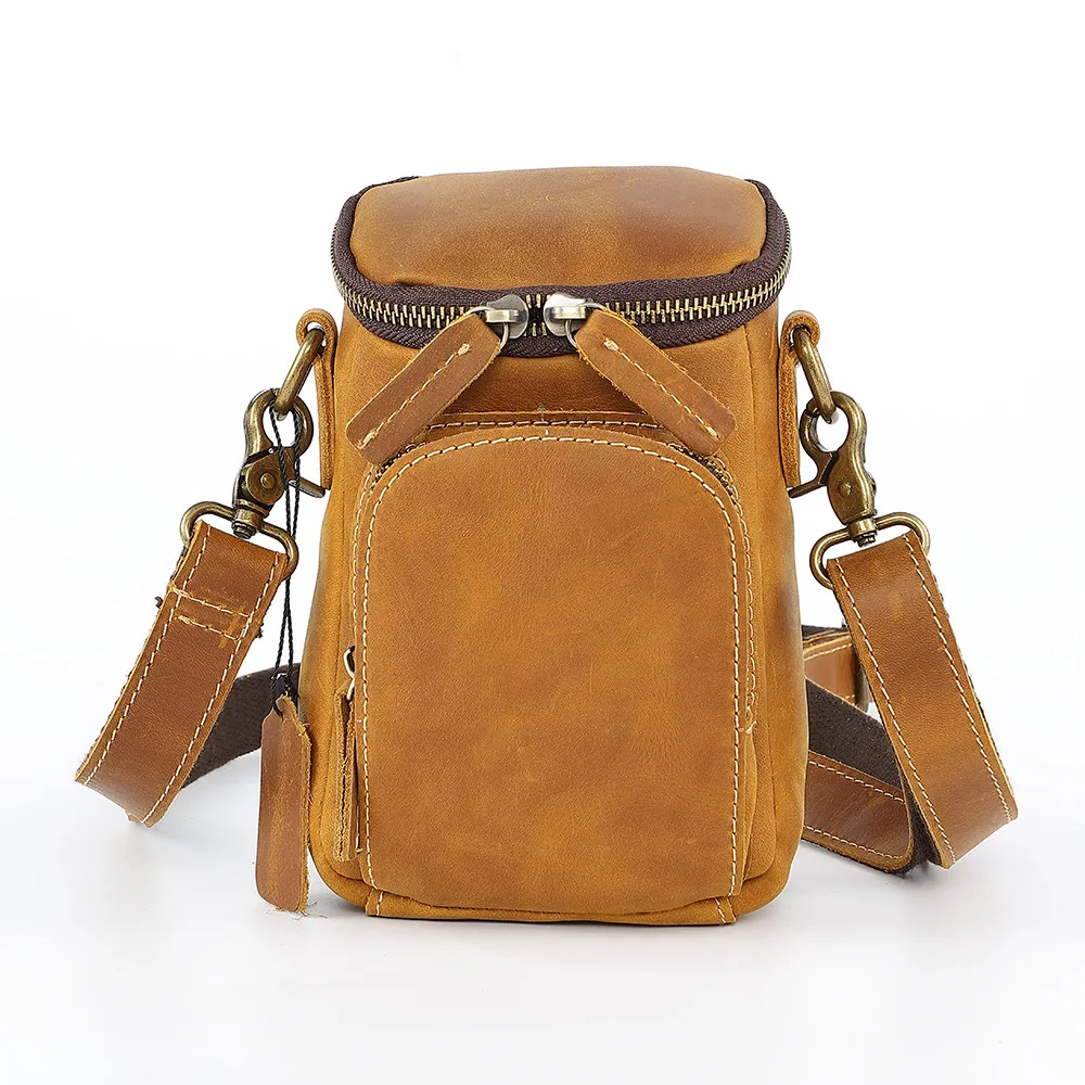 Vintage Top-Grain Leather Crossbody Bag - Men's Mini Waist Pack with Belt Loop, Convertible Phone Pouch & Casual Small Backpack
