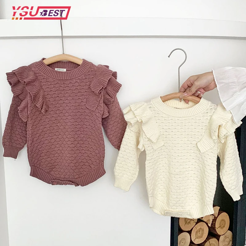 

Autumn Baby Girls Knitting Bodysuits Long Sleeve Ruffled Toddler Romper Hollowed Out Spring Newborn Baby Girls Knitting Jumpsuit