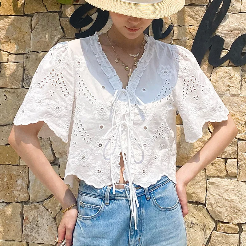 

French Designer Boho Blouse Shirt Top Women Cotton Eyelet Embroidery Hollow Out Ruffles Casual Summer Vacation Sexy Ladies Tops