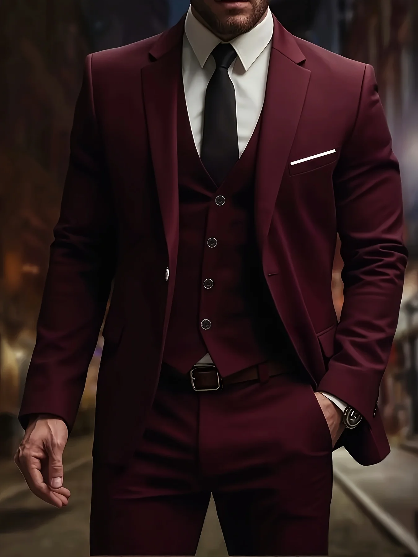 

Men's Refined 3-Piece Suit Set Single Breasted Solid Color Slim Fit Blazer Vest Pants Elegant Office Party Wedding
