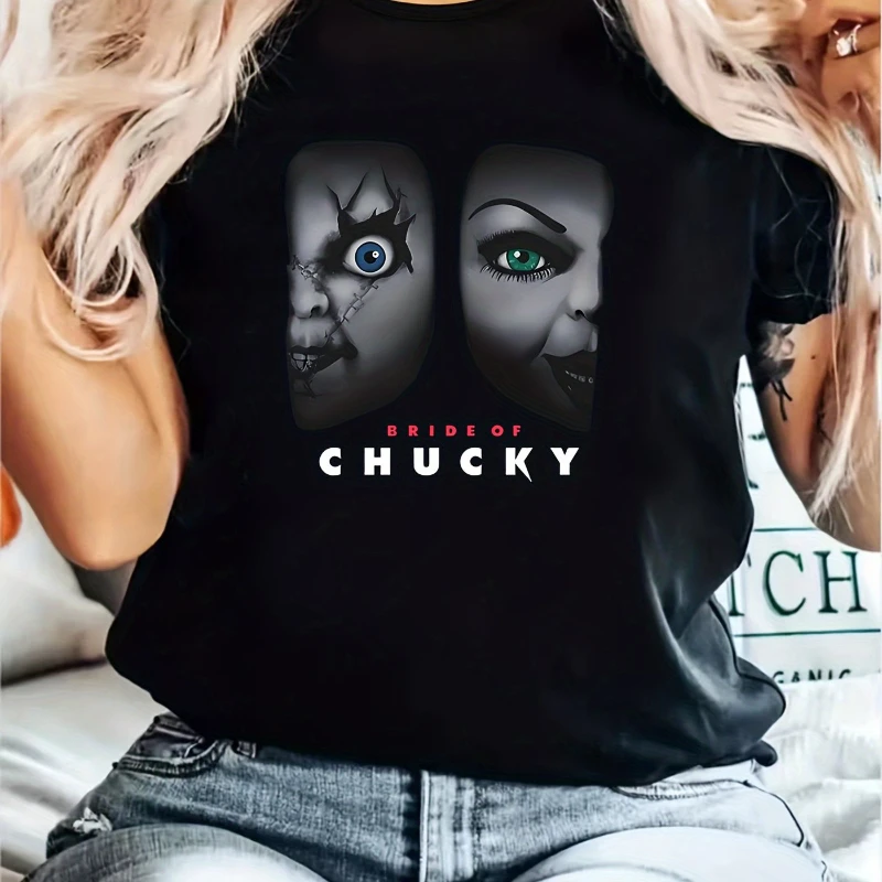 

Summer Hot Sale BRIDE OF CHUCKY Printed Halloween Casual Women's Top Round Neck Short T-shirt