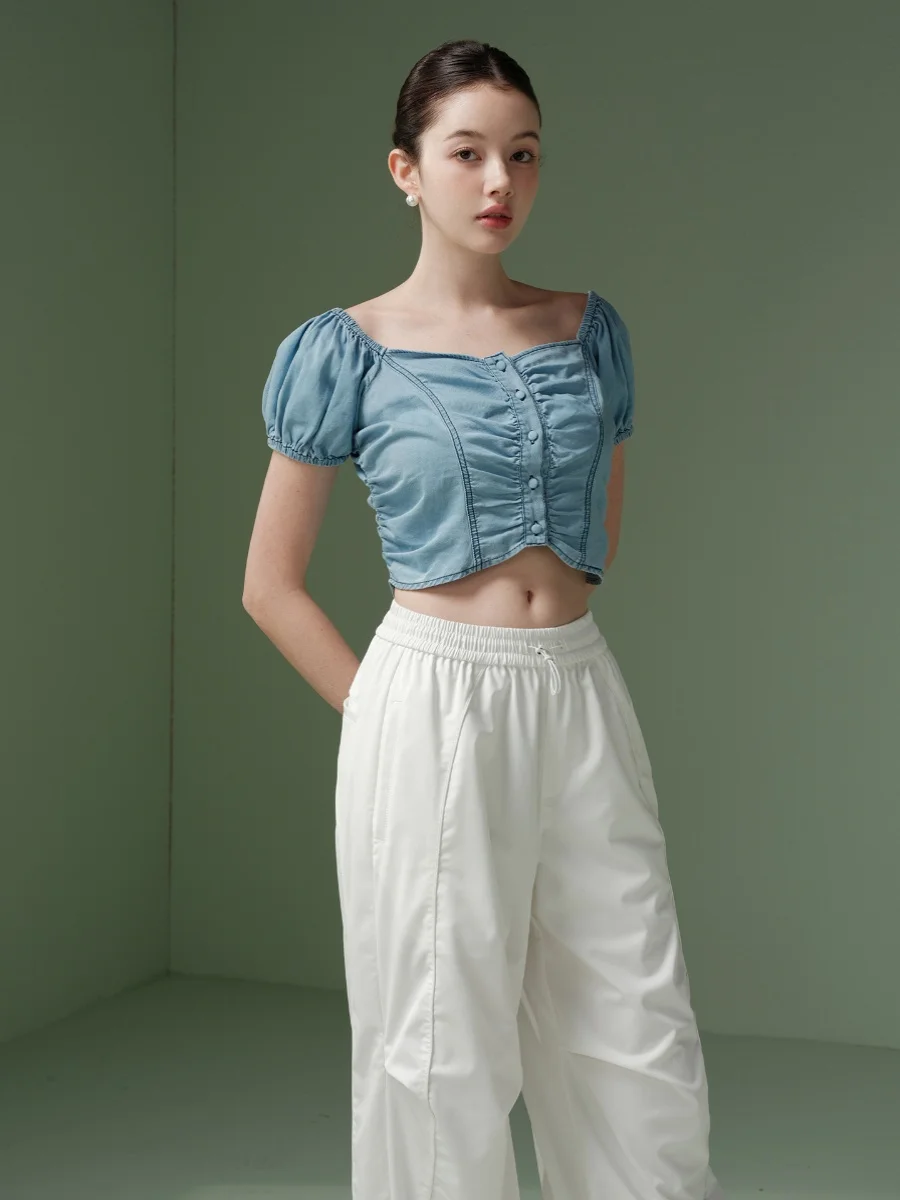 

00% Cotton Slim Fit ort Princ Sve Petal ape ort Top Summer Commute Sle Square Collar T-irt Women's Faion