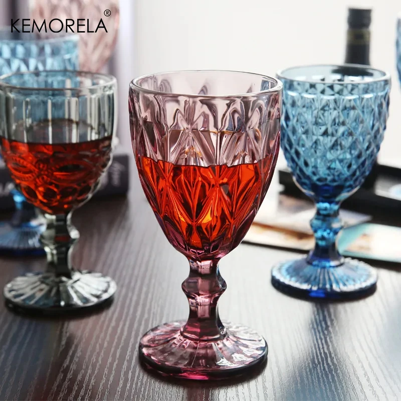 2/4PCS Set Carved Goblet Whiskey Red Wine Glasses Thicken Multicolor Retro Heat-Resistant Cocktail Juice Champagne Glass Cups