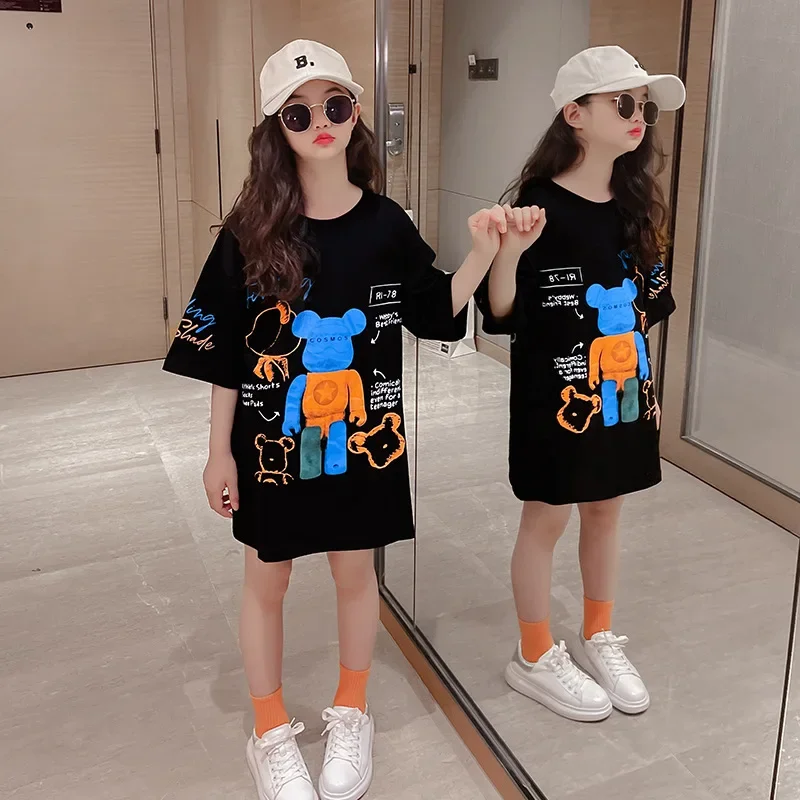 Summer cotton kids girls long tops cartoon print short sleeve cotton t shirts 8 10 12 years teenager girls outfit T shirt dress