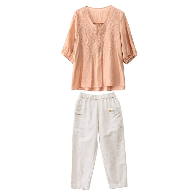 Baumwoll-Leinen-Set für Damen, Sommer, 2024, Faion, locker, Übergröße, Leinen, kleine Mutter, trendiges Anti-Aging-Zweiteiler-Set, lässiges Sle Pure...