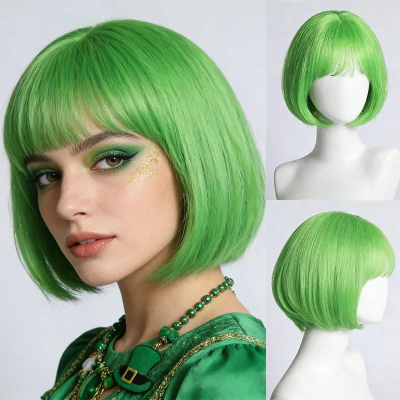 

Cosplay Carnival Anime Green Synthetic Fiber Blunt Bangs Short Bob Wig Heat Resistant Short Hairstyle Party Wig