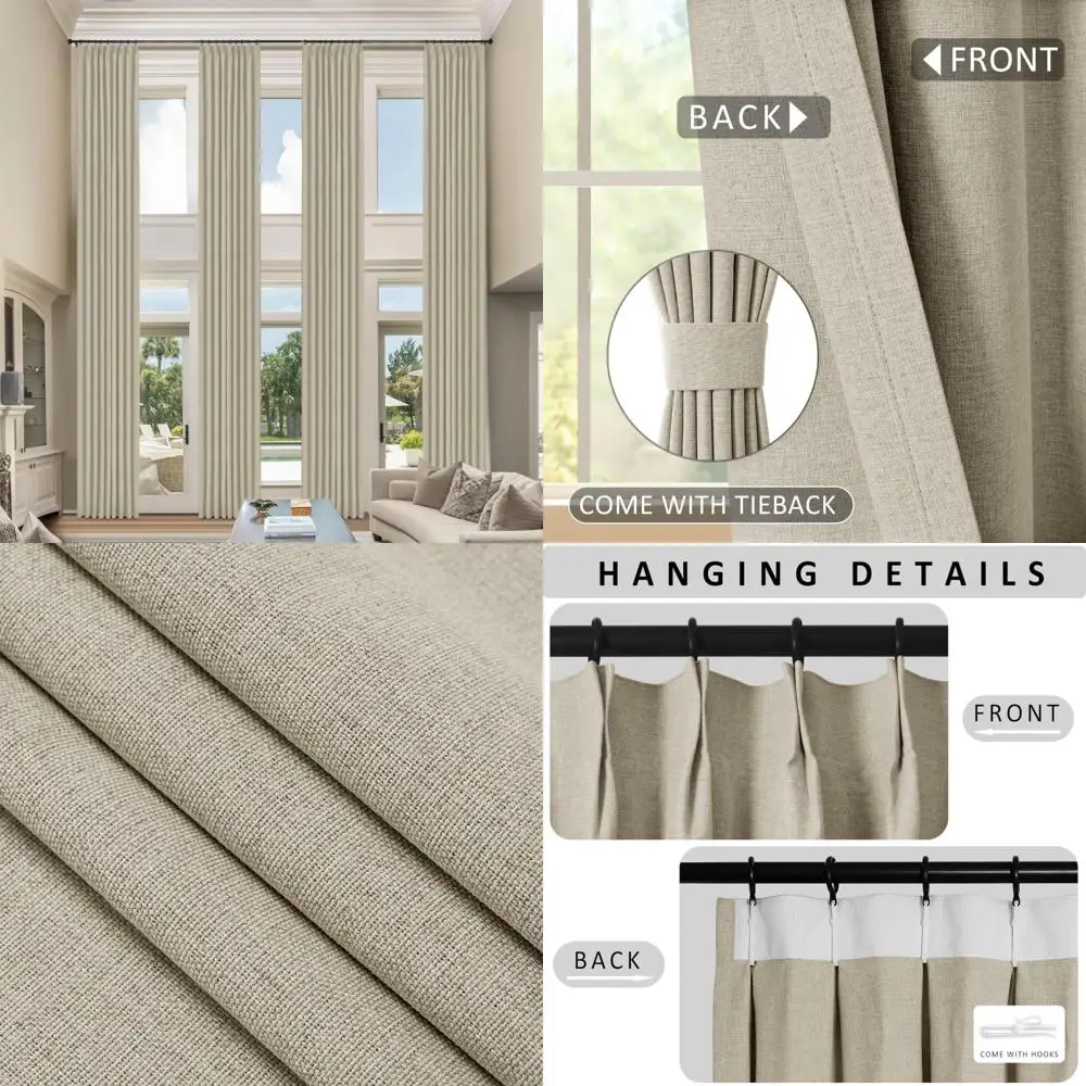 Extra Long Full Blackout Curtains 20ft Beige Linen Pinch Pleated with Hooks and Tieback for High Ceilings