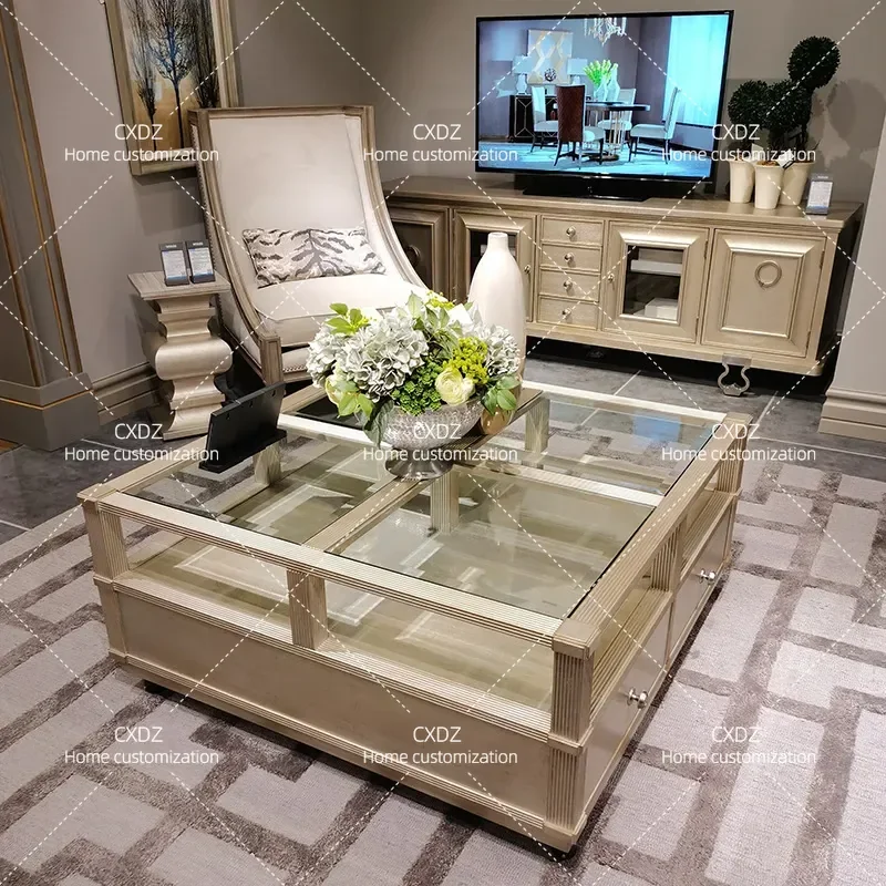 North American Style Light Luxury Coffee Table Solid Wood Living Room Square Glass Top Tea Table Champagne Finish Modern Home