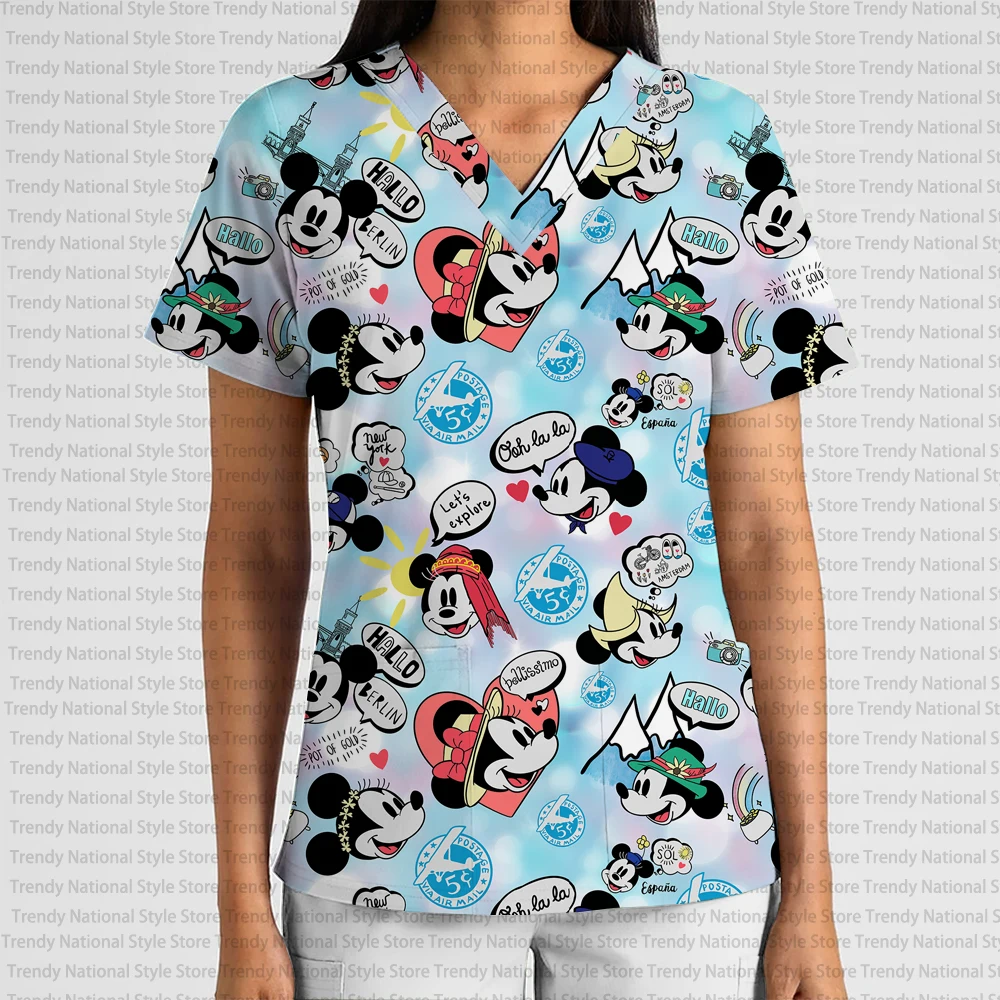 Mode Damen Arbeitsuniform V-Ausschnitt Tasche Frosted Top Disney Weihnachten Schneeflocke Mickey Minnie Elegantes Schönheitssalon T-Shirt
