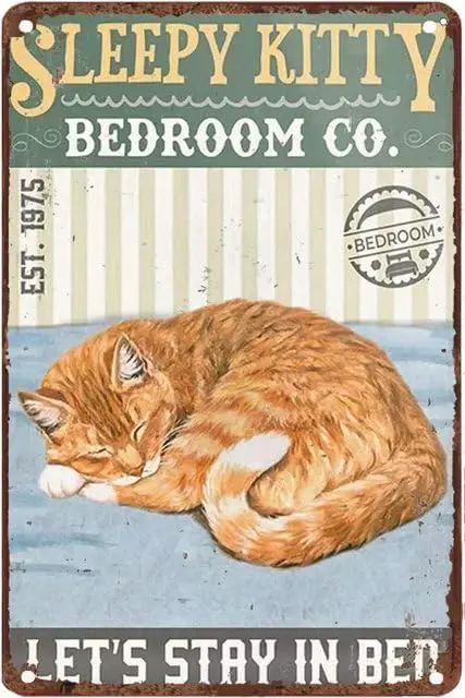Vintage Metal Tin Signs Cats Sleepy Kitty Co Let;S Stay In Rustic Country Farmhouse Chic Bathroom Metal Sign Shabby Wall Decor F