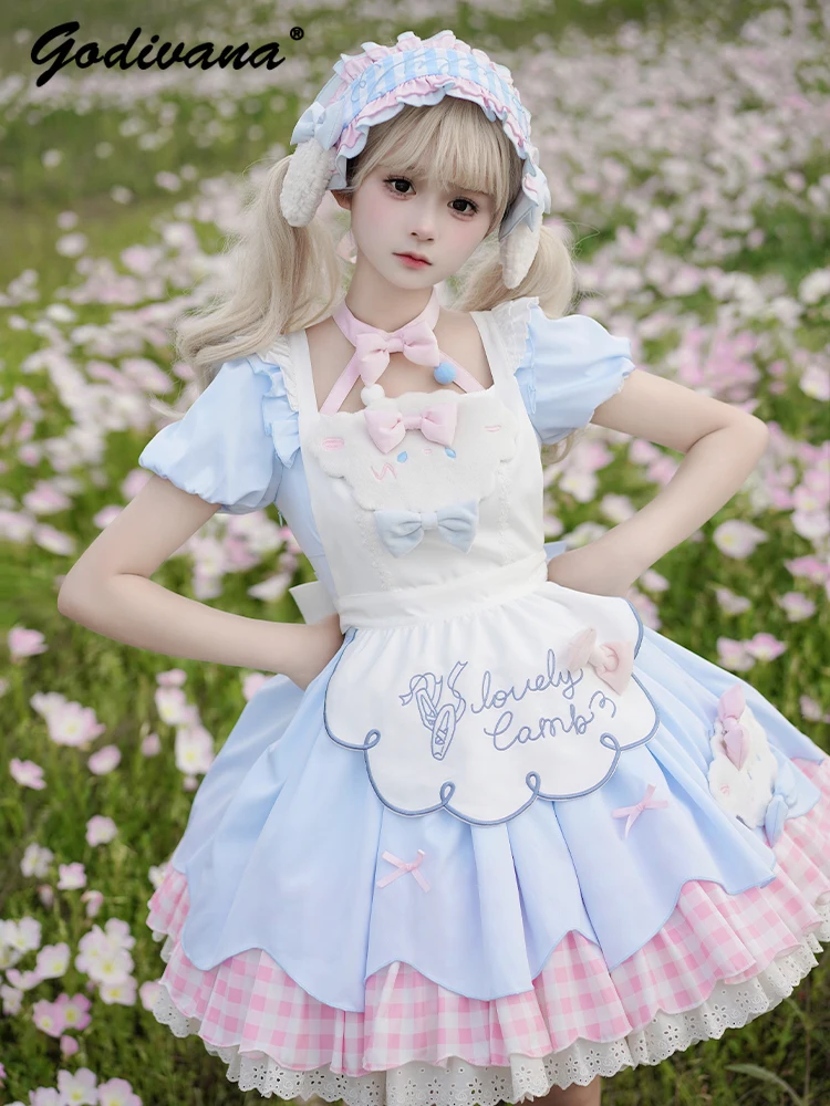 Original Lolita Bubble Sleeve OP Dress Sweet Girl Bow Halter Blue Pink Plaid Patchwork Slim Short Tutu Dress for Women