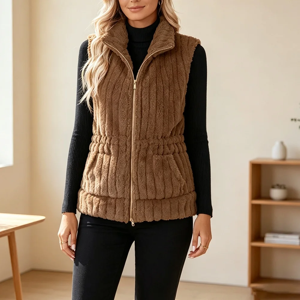 Womens Vertical Stripe Fleece Vest Polyester Material Sleeveless Collar Zip Front for Warm Weather Outdoor Use